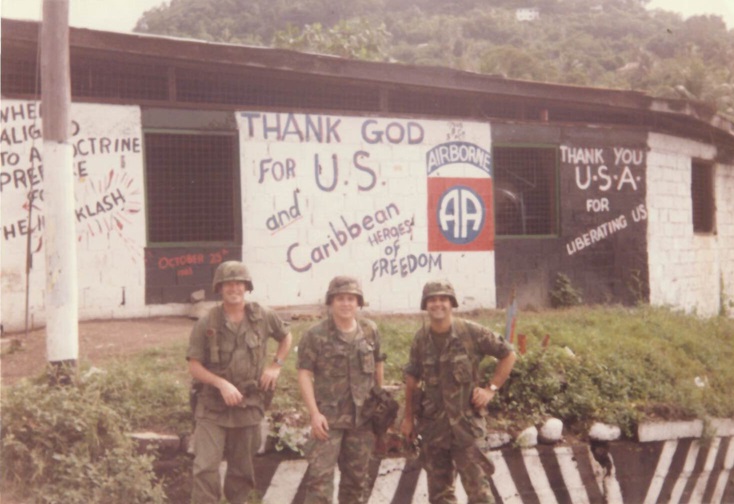 Captains Doug Fletcher, Clyde J. “Butch” Tate (later Deputy Judge Advocate General, 2010–2013), and Jack T. Tomarchio (later colonel, U.S. Army Reserve), in Grenada during Operation URGENT FURY, 1983. Lessons learned from the Grenada operation would see the emergence of operational law as a central component of the JAG Corps’ legal support to the Army. (Credit: JAG Corps Regimental Archives)